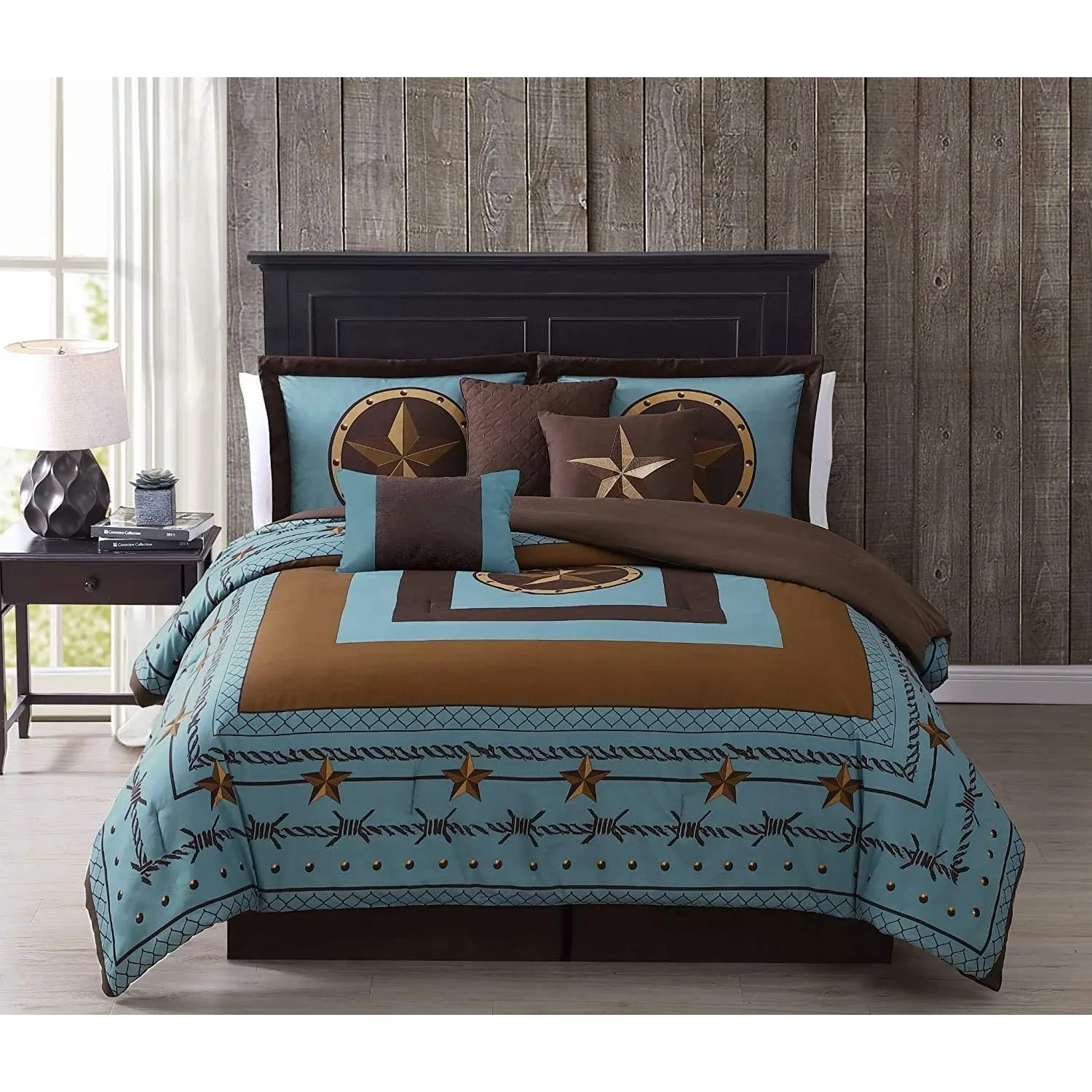 Tulsa King Size Bedding Set, 7-Piece Turquoise Brown Western Cowboy Oversized Comforter Set, Printed Texas