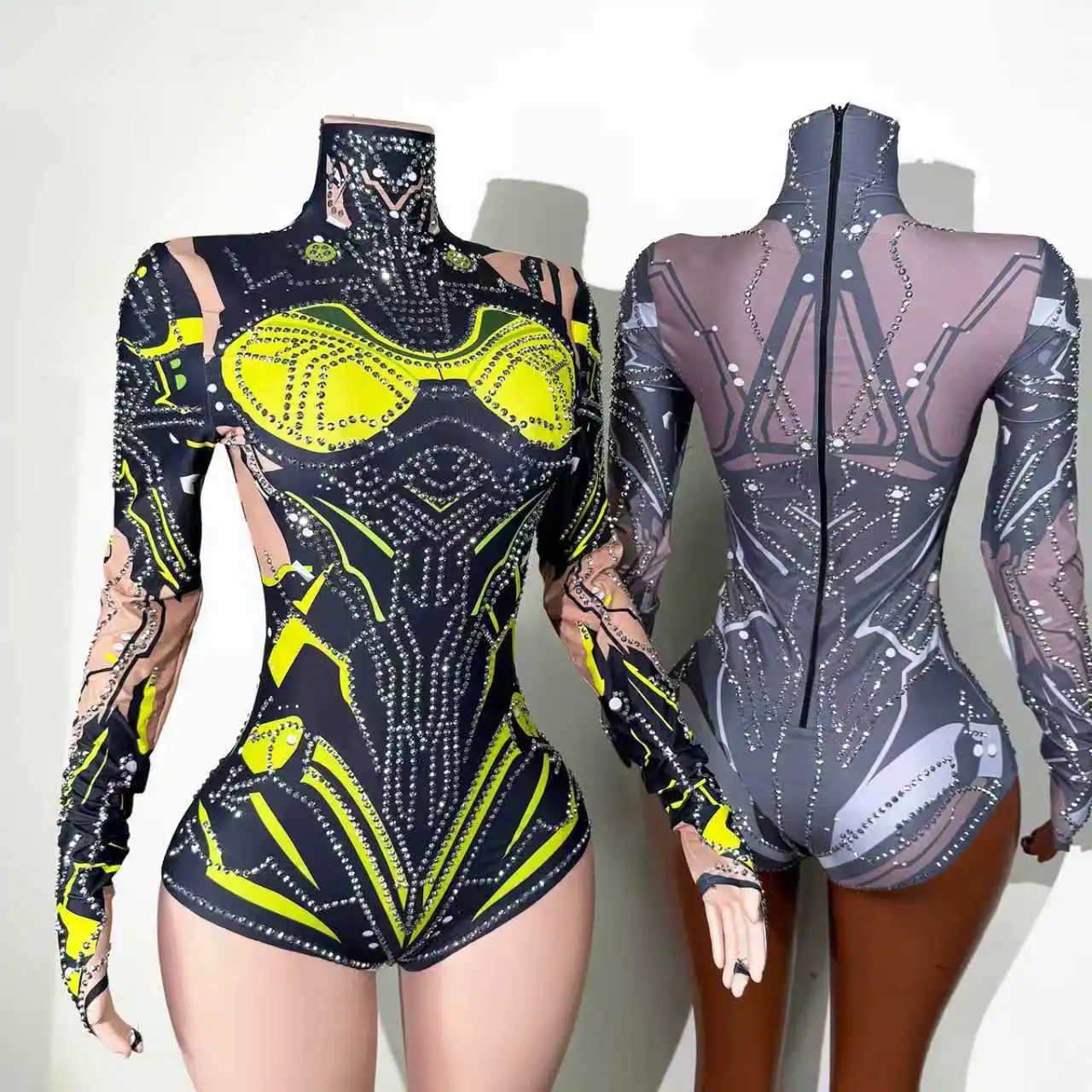 Sparkly Rhinestones Bodysuit Long Sleeve Dancewear Top Stage Costume Performance Drag Queen Outfit Show Nightclub Singer Dancer