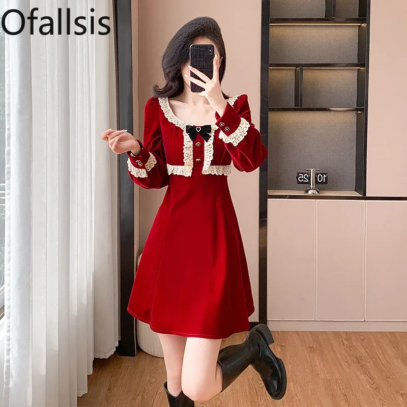 Ofallsis French Red Square Neck Velvet Dress 2024 Women's Autumn Winter Temperament A line New Year's Battle Robe Formal Dress