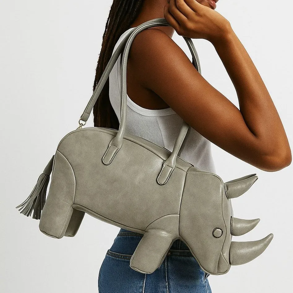 

2025 Y2K Handbag Black Leather Rhinoceros shape Shaped Purse Handbag Tote Evening Party Bolsas Bags For Women