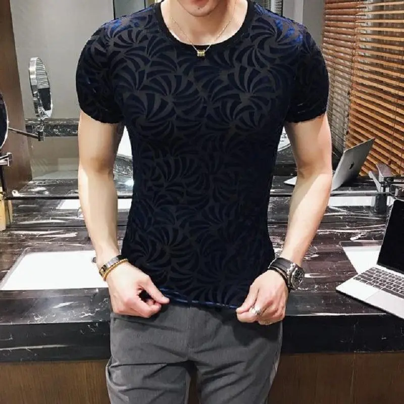 Jacquard Dragon Pattern T Shirt Homme Short Sleeve Men Clothes Summer Slim Quality Velvet Hollow Casual Tees Camisetas De Hombre