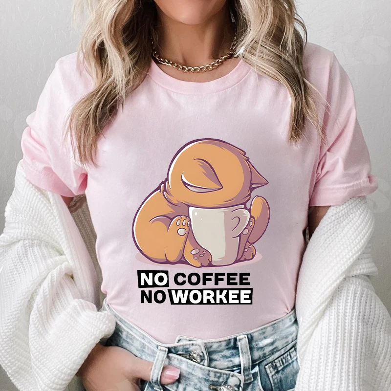 Cute Cat Is Looking At The Cup Women Clothing Fashion No Coffee No Workee T-shirts Short Sleeve Tees Casual Female Harajuku Tops