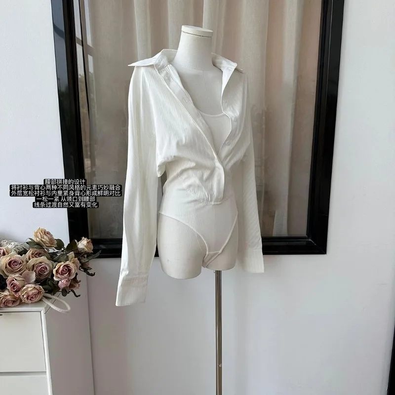 

Полосатый пуловер с лацканами и пуговицами, контрастный искусственный двухсекционный пуловер с длинными рукавами, повседневная модная рубашка, элегантный топ