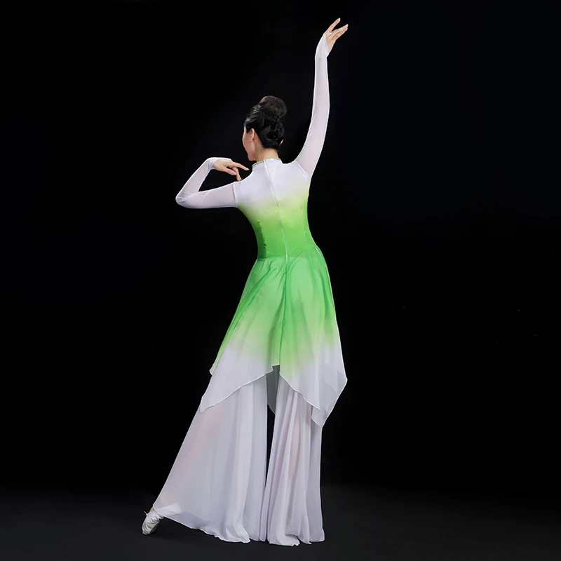 Green Yangko Costume Women Long Dress Shirt Skirt Pant Flowy Elegant Chinese Traditional Folk Dance Hanfu Square Dancer Show New