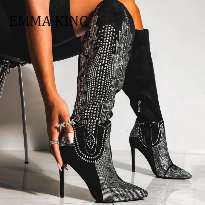 Women Rhinestone Studded Knee High Boots Sexy Pointed Toe Slim Heeled Boots Western Cowgirl Boots Fashion Dress Boots for Women