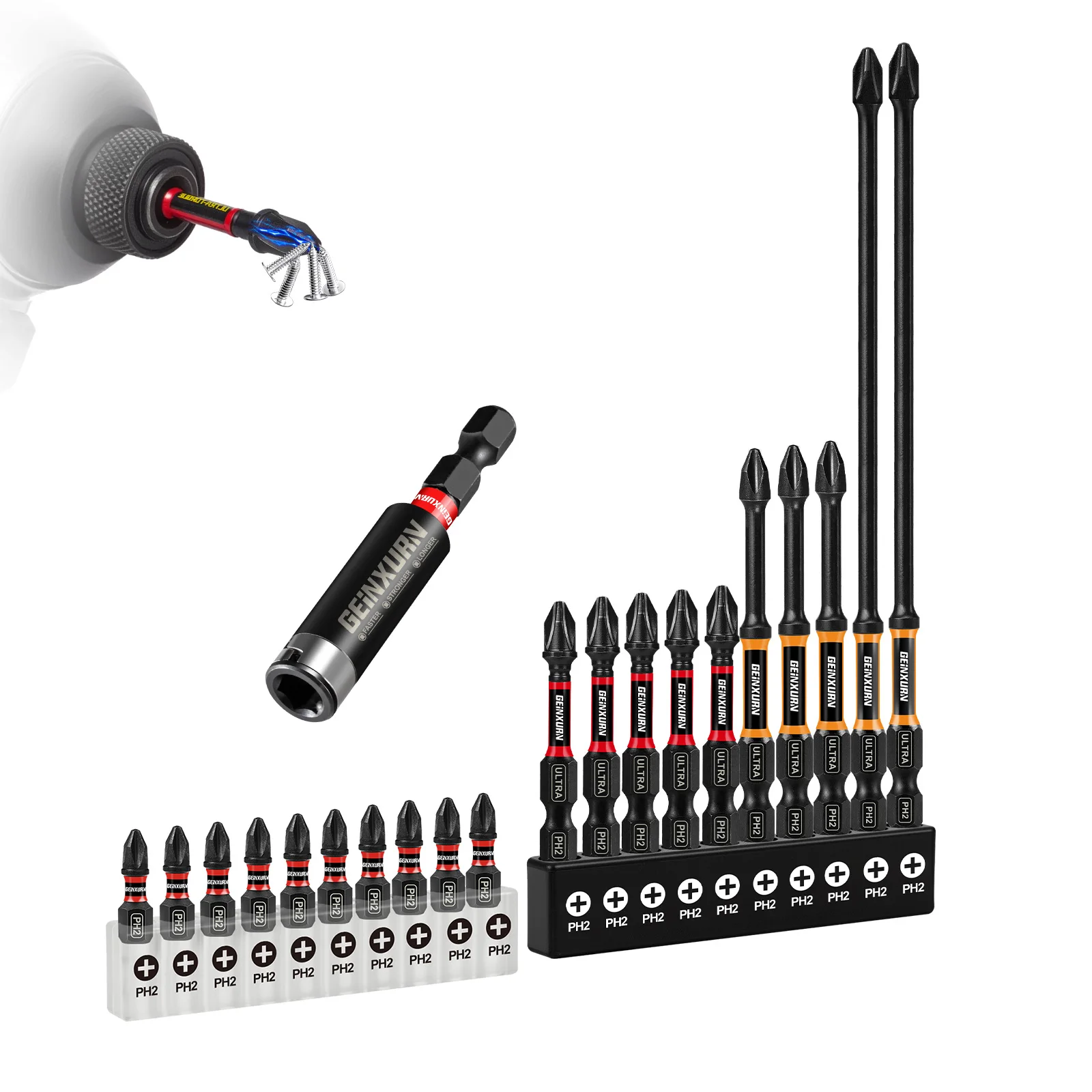 

Geinxurn S2 Стальной ударный магнитный # Набор отверток Phillips (1''/2''/3''/6'') с держателем для бит и органайзером для хранения