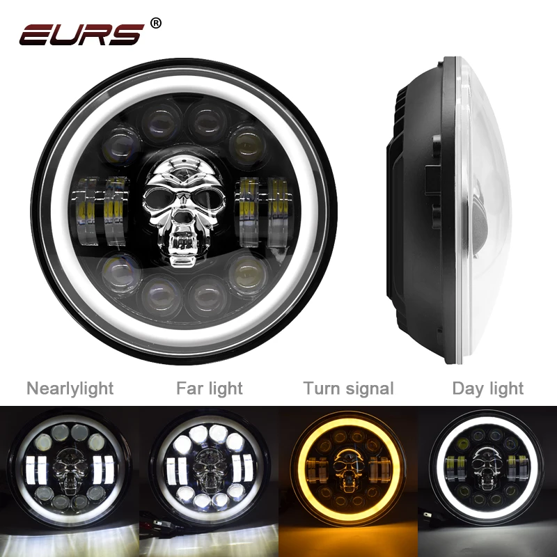 7 Inch Round LED Skull Headlight High Low Beam Light DRL Turn Signal Angel Eyes Motorcycle Headlamps For Harley Jeep Wrangler