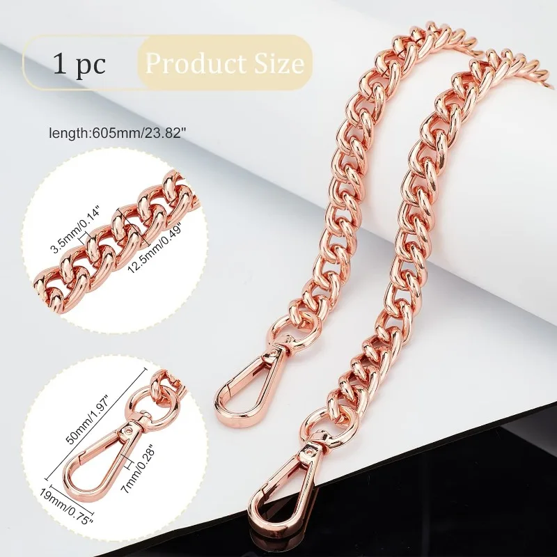 23.8” Flat Chain Strap Rose Gold Shoulder Bag Chain Strap Aluminum Purse Chain Replacement Chunky Metal Chain