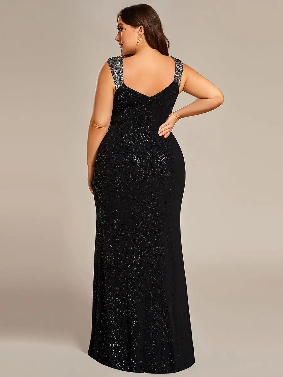 Ever azole-robe de soirée noire brillante, grande taille, décolleté en V plongeant, dos nu, paillettes, fente au sol, robe de demoiselle d'honneur, 2024