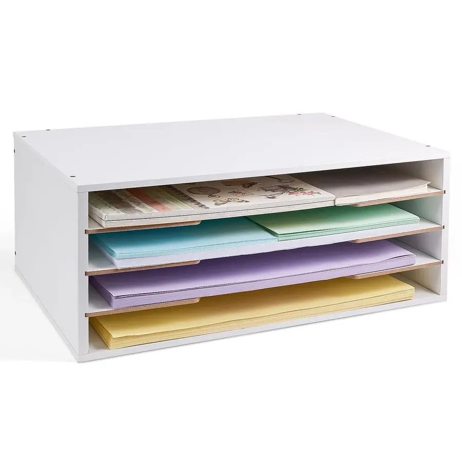 

Construction Paper Organizer, 4Tiers Paper Storage Shelf, Wooden Desk Organizer, File Holder and Letter Tray for Office, Home, C