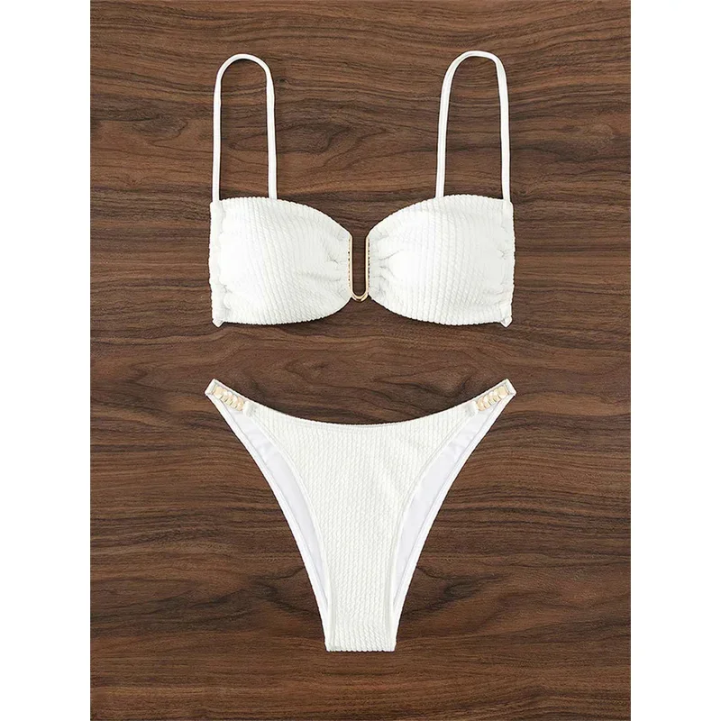 Sexy U neck bikini set women solid white black push up pleate micro swimsuit 2024 Brazilian cut out bathing suit thong swimwear