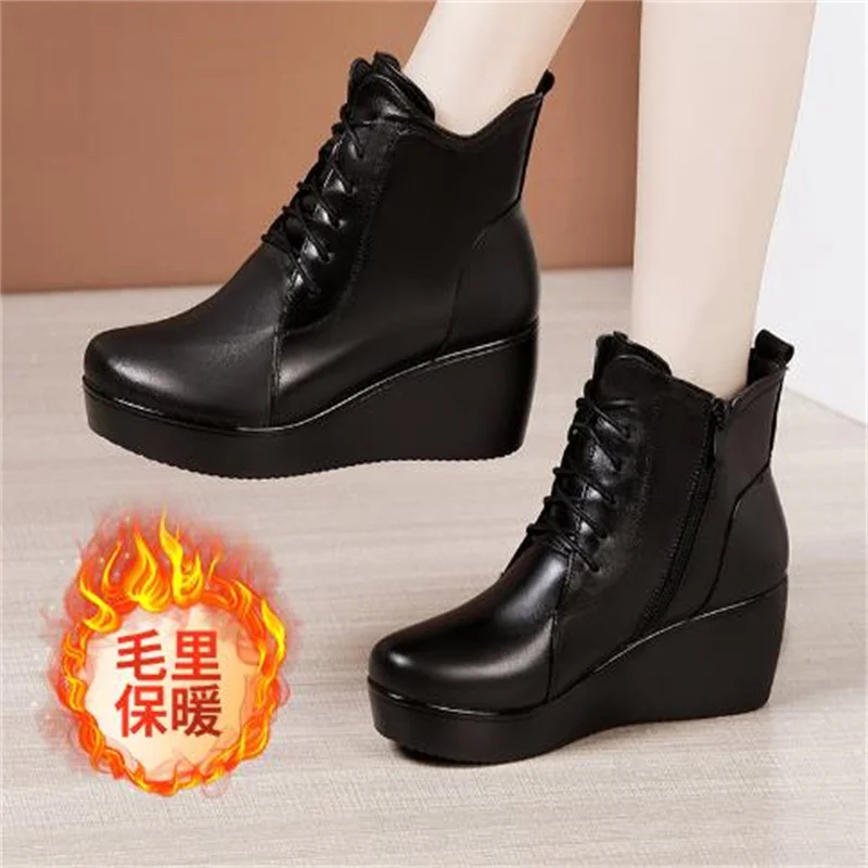 6cm Women\'s Ankle Boots Winter Leather Short Plush Warm Boots for Woman Platform Shoes Ladies Hidden Heel Ankle Boot Shoes 32 43