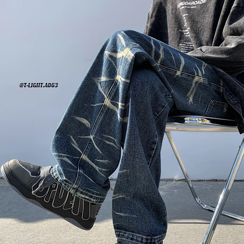 Plus Size 5XL-M High Street Tie-dye Jeans Men Straight Denim Pants Fashion Trend Jean Mens Casual Handsome BF Clothing