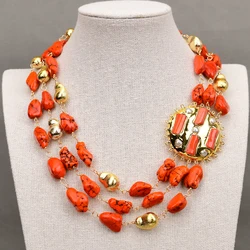 G-G 3 Rows Orange Turquoise Freedom Nugget Gold Plated Brushed Bead Necklace Coral White Pearl Flower Gold Edge Pendant