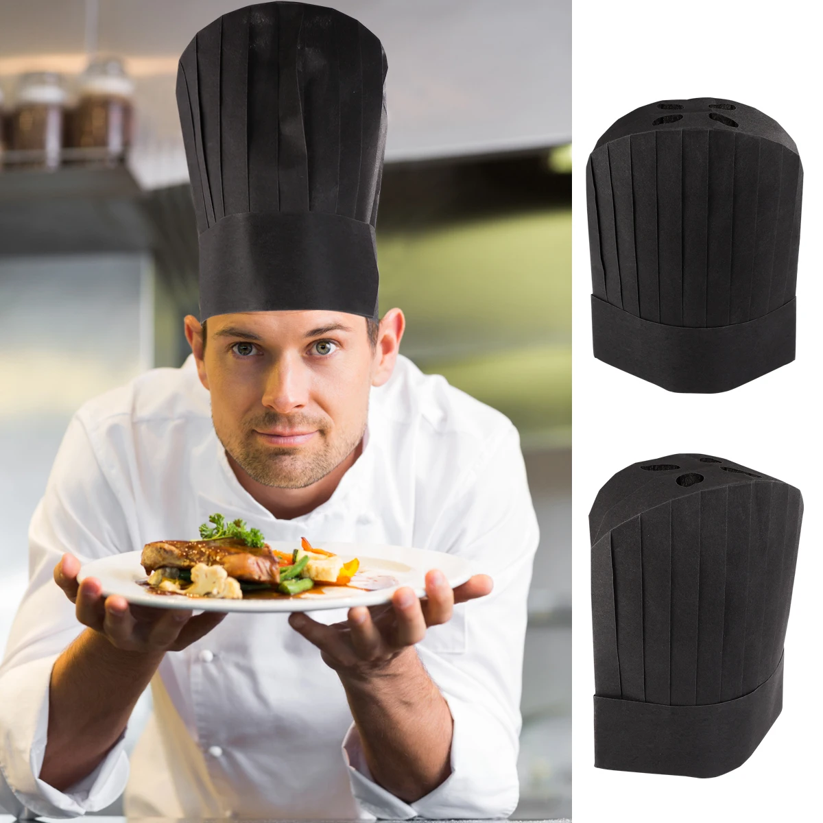 

20pcs Chef Hat Black Disposable Paper Cooking Cap for Kitchen Restaurant School Use Soft Skin-Friendly Anti-Fouling for Bakers
