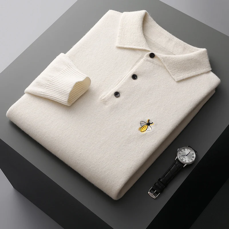 Autumn and winter new 100% pure wool male bee embroidered T-shirt collar sweater bottoming trend sweater