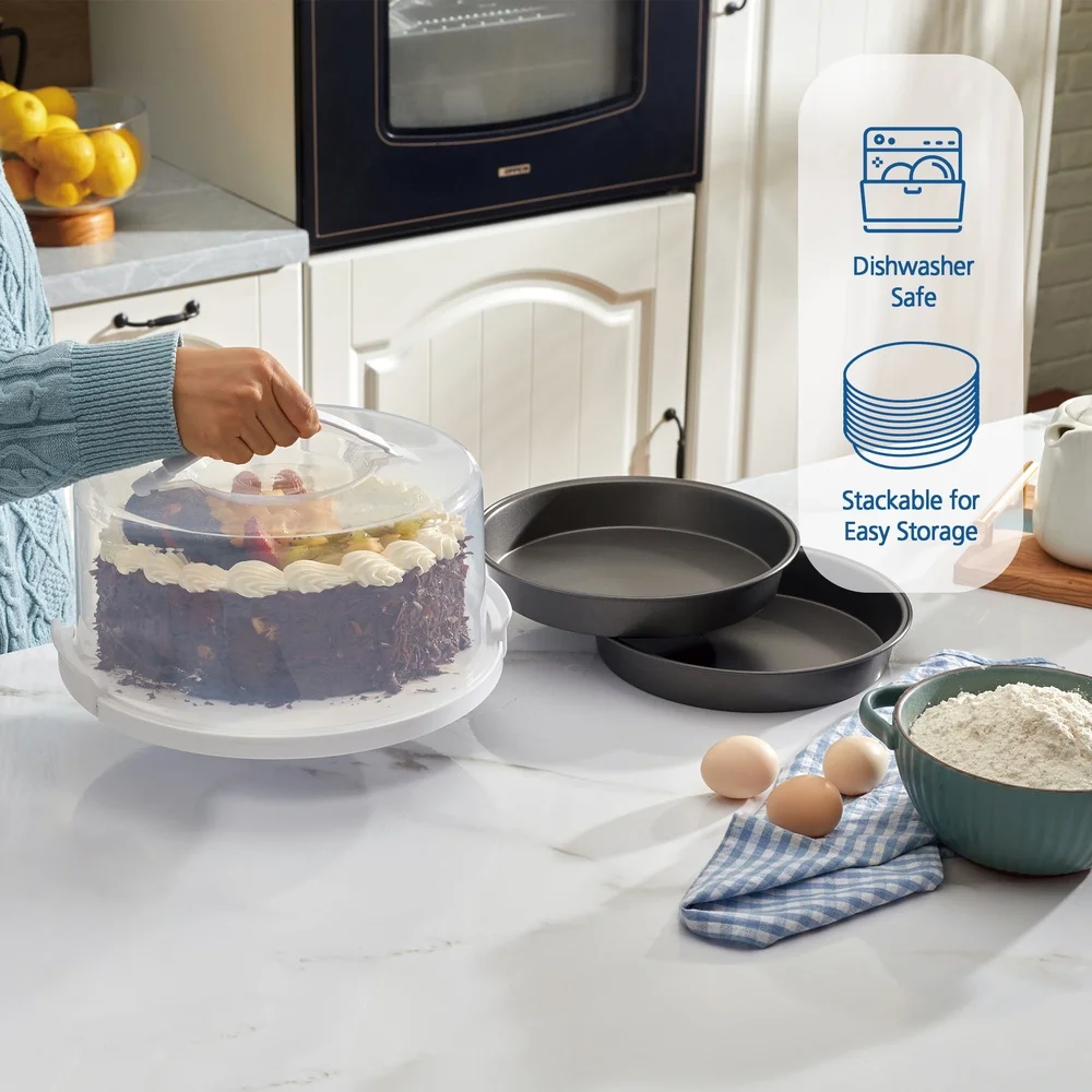 حامل كعكة شفاف مقاس 12 بوصة مع عبوة من 2 مقاس 9 بوصة من الصلب الكربوني المستدير غير اللاصق للنقل المثالي يخدم عرض الخبز #4