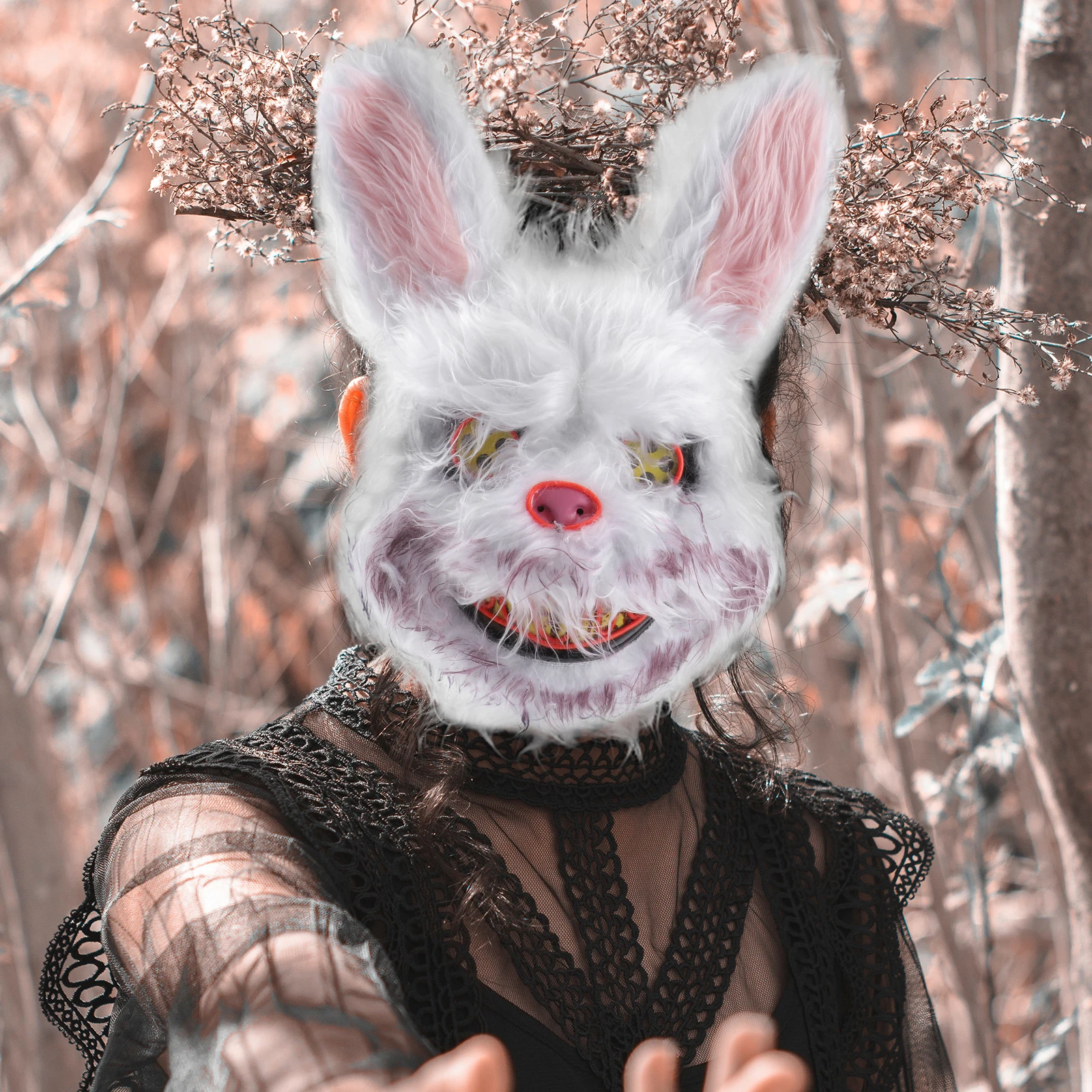 

Cute Bunny Mask Halloween Scary Rabbit Glowing Face Adornment Plastic Bloody Eco Costumes Performance Masks Masquerade Props Toy