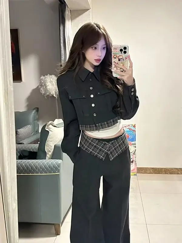 

Deep Grey Plaid Patchwork Short Sporty Outerwear And Flared Pants Women's Fashion Set Autumn Season Shirt Button Style