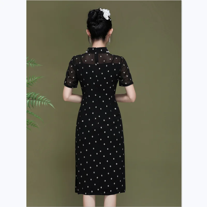 Black Dress Vintage Chinese Style Young Girl Stand Collar Short Sleeve Elegant Slim Fashion Beading Improved Cheongsam S-XXL