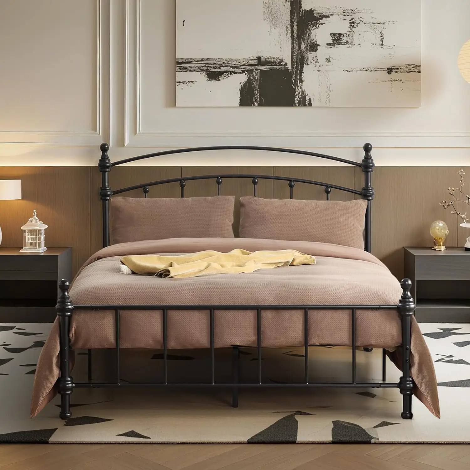 Queen Platform Bed Frame with Headboard & Footboard, Vintage Style Wooden Slat Support Bedroom Furniture, Customized