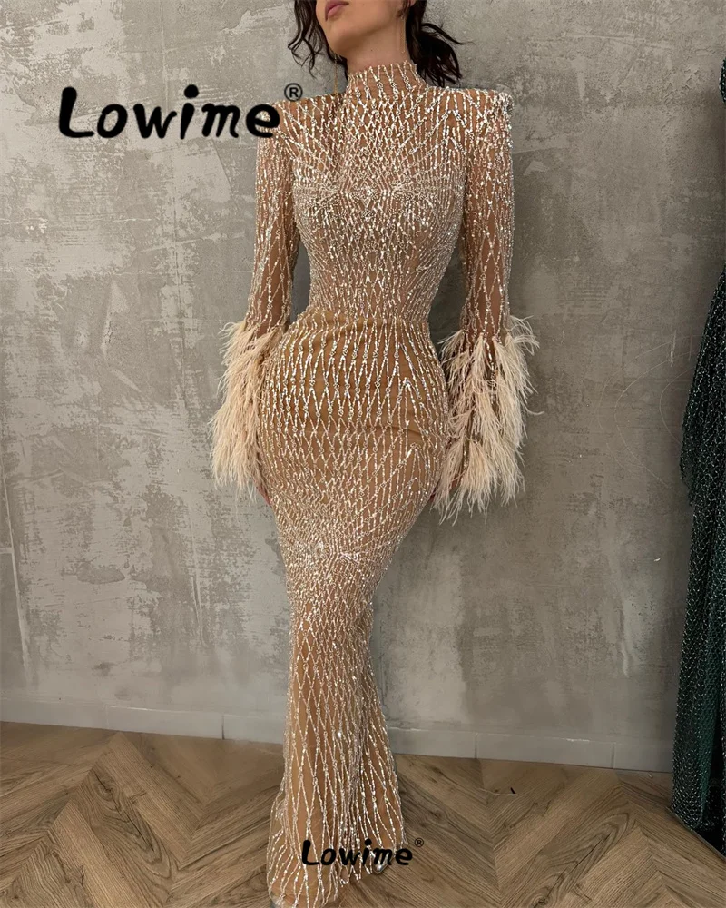 Aso Ebi Champagne Long Sleeve Feathers Evening Dress Women Mermaid Arabic Party Second Reception Engagement Dresses Party Gowns