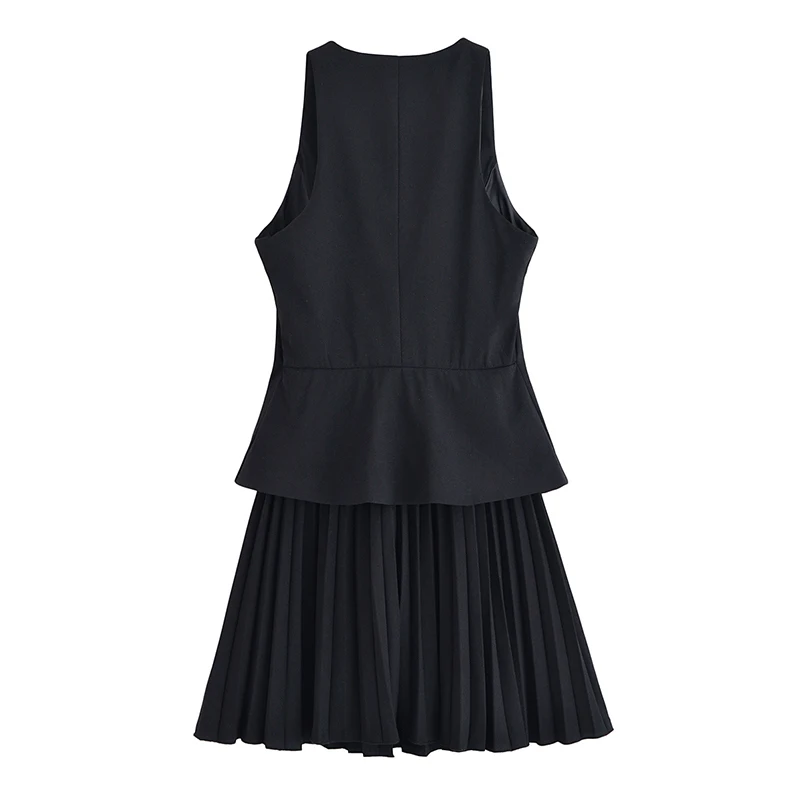 YENKYE 새로운 여성 Pleated Hem 패치 워크 민소매 탱크 드레스 프론트 버튼 V 넥 하이 스트리트 드레스 우아한 오피스 Vestidos