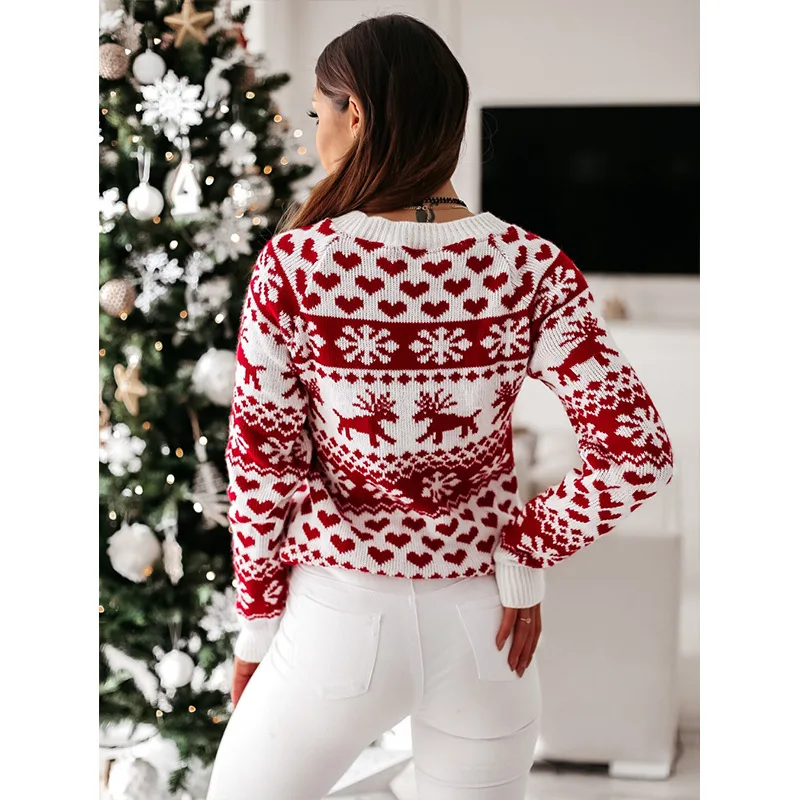 New Autumn Winter Knitted Sweater Women\'s Round Neck Pullover Christmas Elk Snowflake Long Sleeve Knitted Sweater