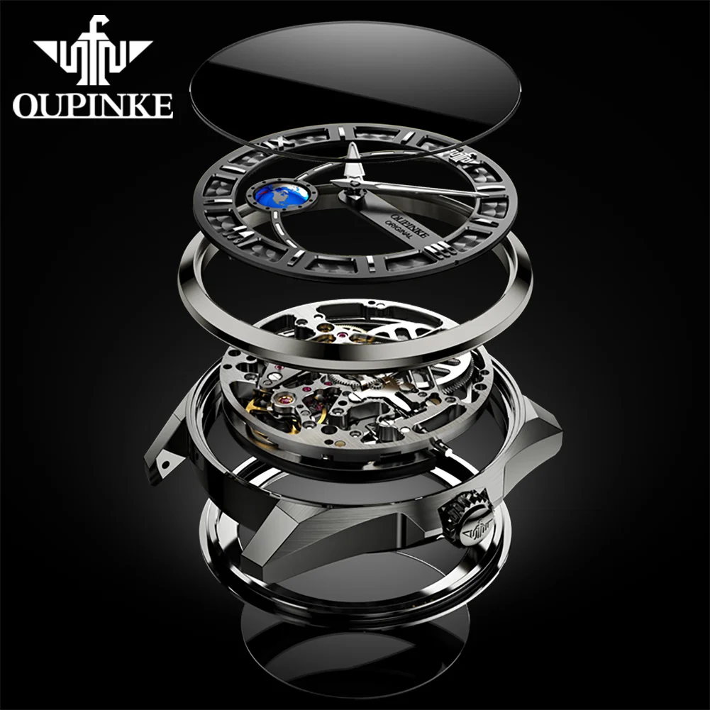 OUPINKE 3268 Orologio da uomo di alta qualità di lusso scheletro orologio meccanico automatico 50M orologio impermeabile cinturino in pelle regali Reloj