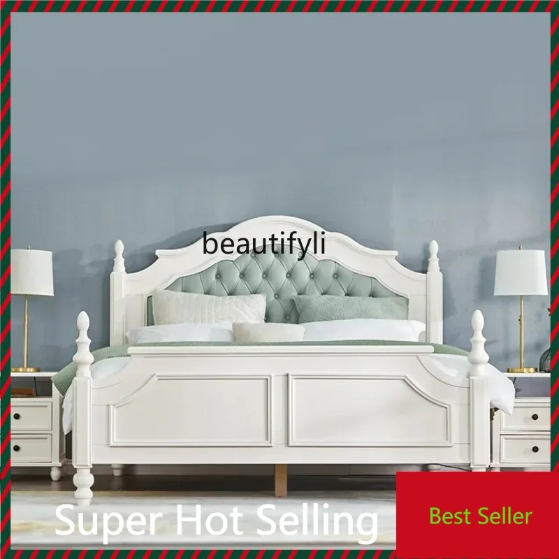 

K132 Light Luxury Italian Soft Cover Solid Wood Bed Modern White Marriage Bed American Double Bed First Layer Cowhide Furniture