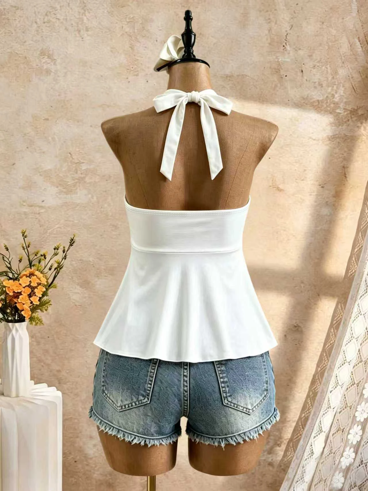 Women Halter Deep V Neck Front Self Tie Flared Peplum Camisole 2026 Summer Y2K Solid Color Sleeveless Flowy Beach Vacation Tank