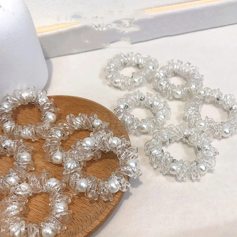 

5Pcs Women High Elastic Hair Rope Transparent Pearl Telephone Line Hair Tie Ponytail Holder Rubber Band Scrunchies Ring