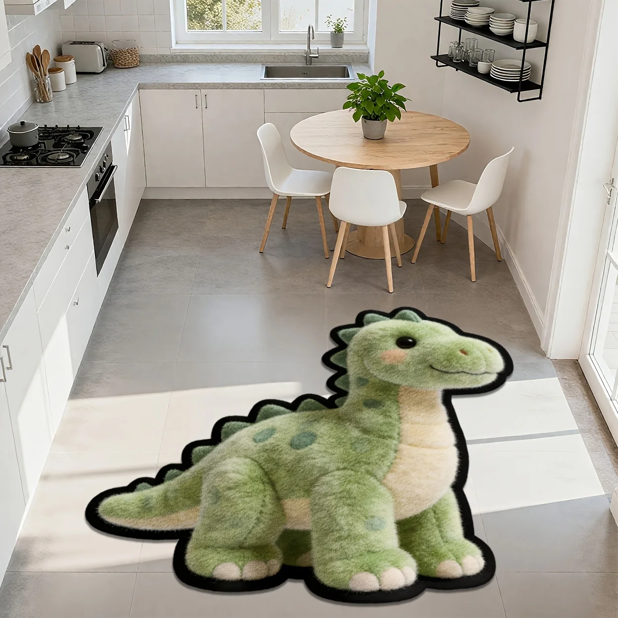 VIKAMA Cute Green Spotted Dinosaur Shaped Area Rug Cartoon Plush Animal Print Non‑Slip Washable Soft Carpet for Kids Home Decor
