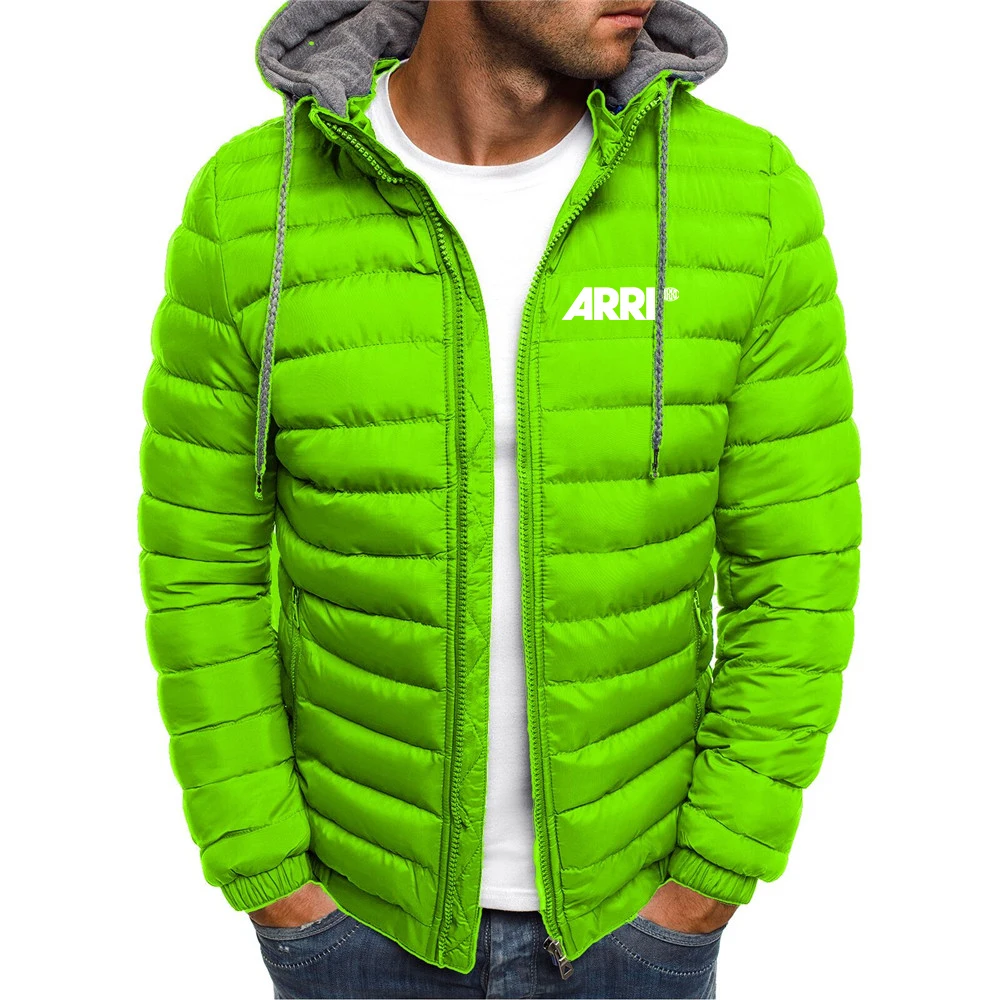 2024 ARRI Camera Men\'s New Winter Solid Color Cotton Jacket Hooded Coat Print Long Sleeves Zip-Up Outer Wear Top Clothing