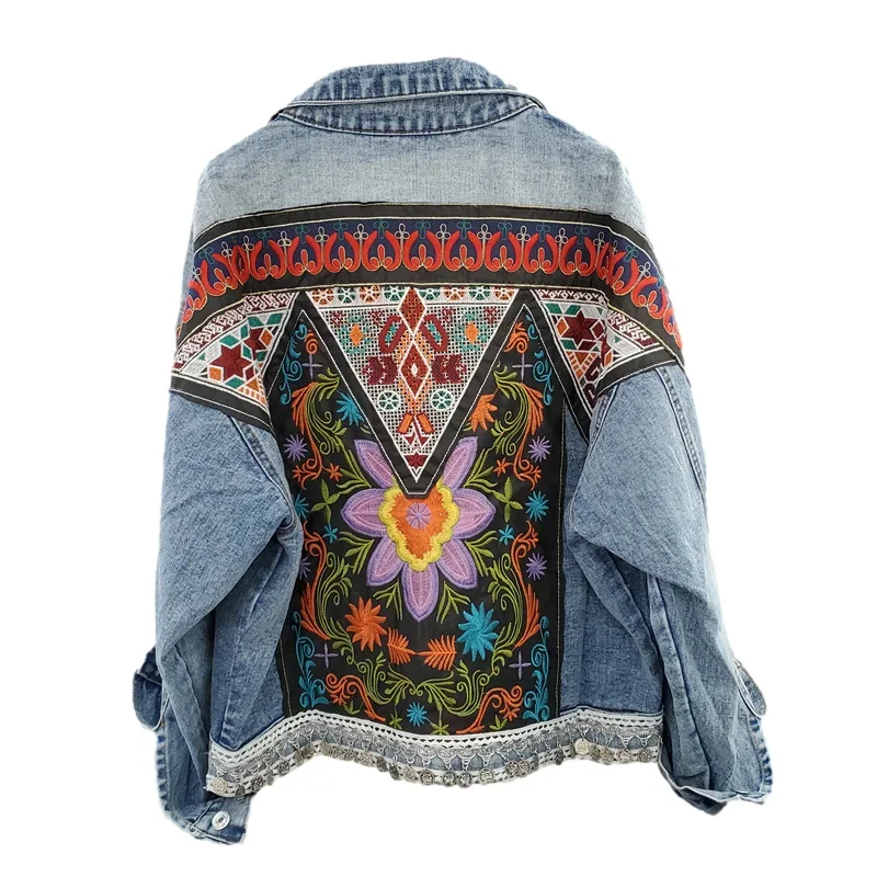 

Boho Style Embroidery Denim Jacket Coat Women Vintage Loose Big Pocket Cowboy Outerwear Casual Long Sleeve Jeans Jackets Female