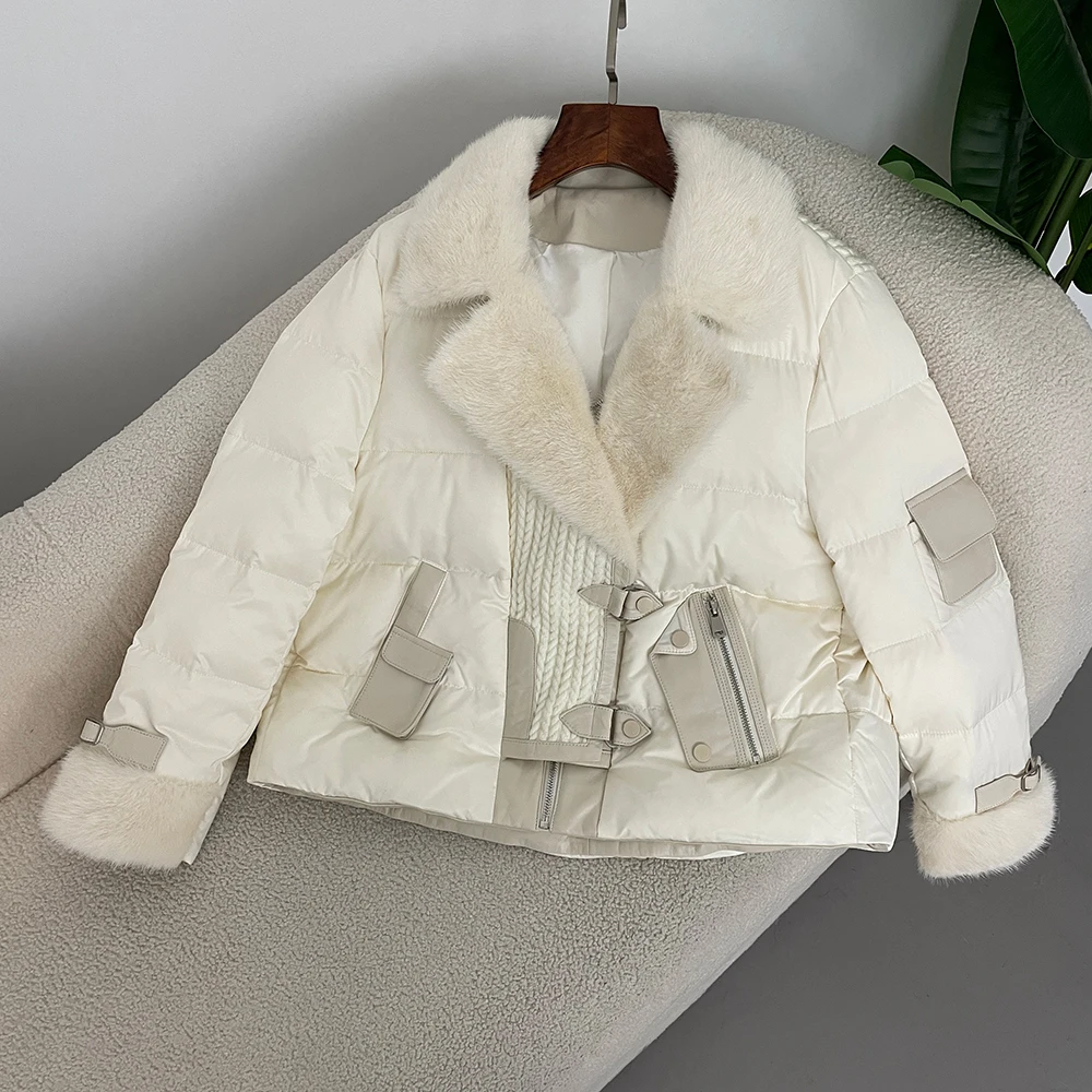 Autumn/Winter 2024 New 90 White Goose Down Jacket New Mulberry Silk Women\'s Short Mink Collar Thick Warm Fur Coat