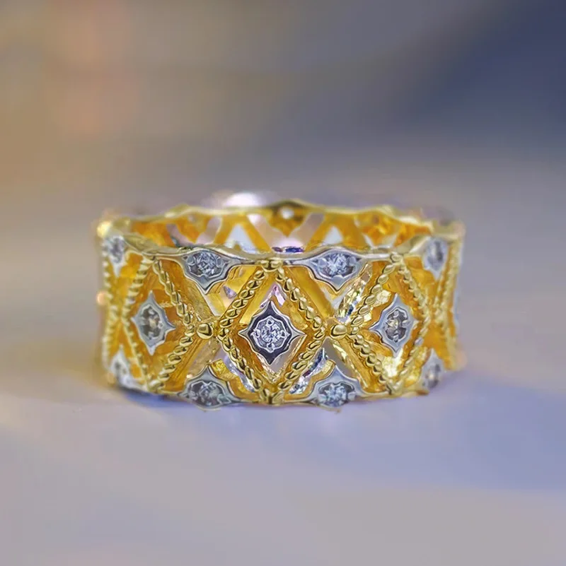 S925 Silver Gold-plated Cloth Home French Hollow Geometric Lace Full Diamond Ring Live Streaming Style Hair Collection