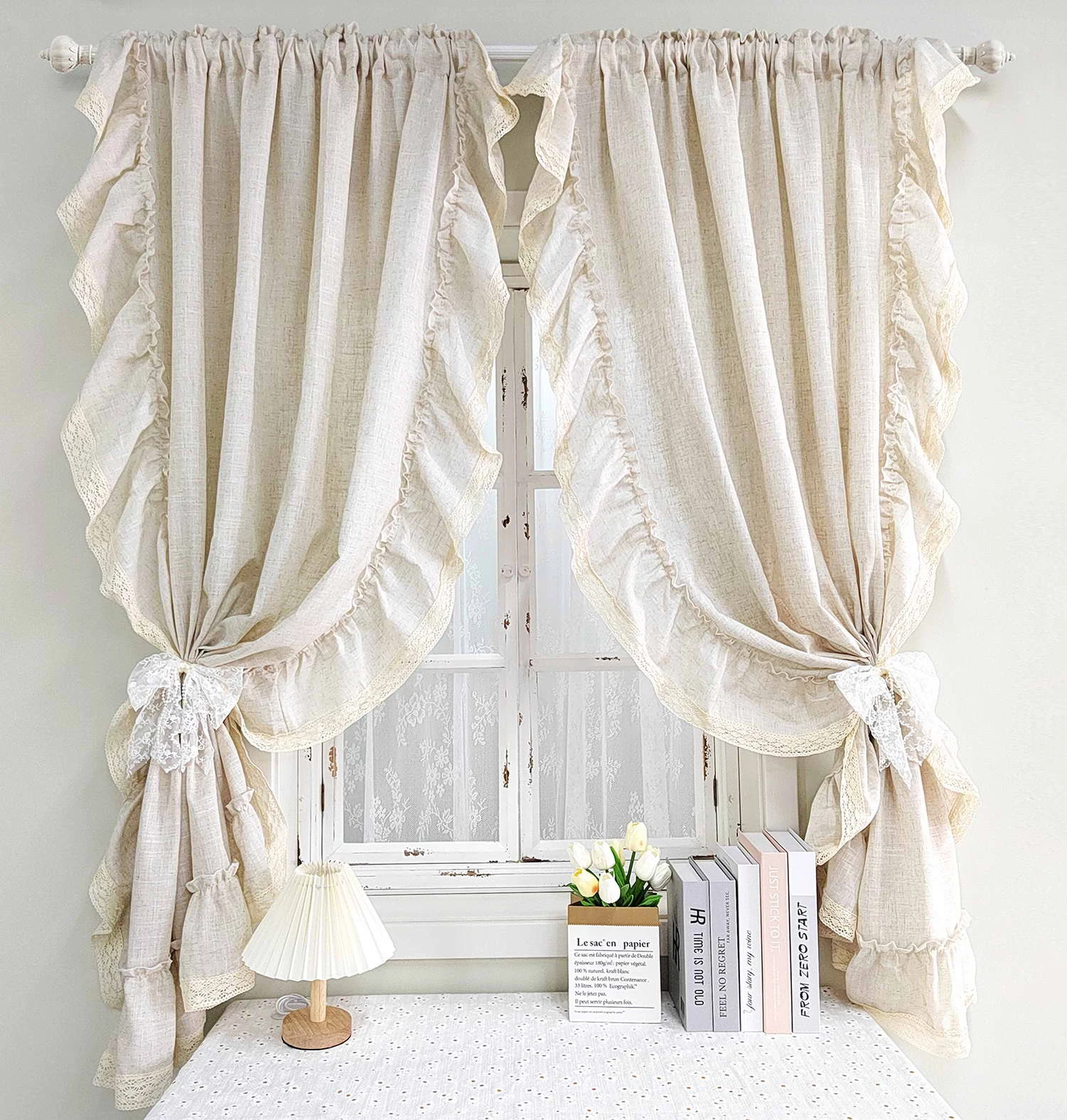 

1PC Vintage Ruffled Curtain for Living Room Linen Drape Window Bedroom Semi-Shading Cafe Kitchen Home Decoration #E