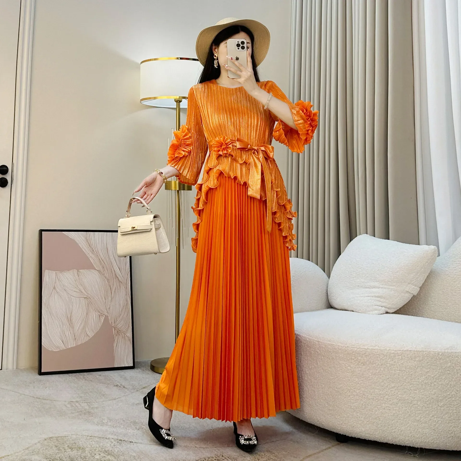 Miyake Pleated High-end Fashion Suit for Women 2025 Spring New Gold Stamping Irregular Top High Waist Long Skirt Two-piece Set