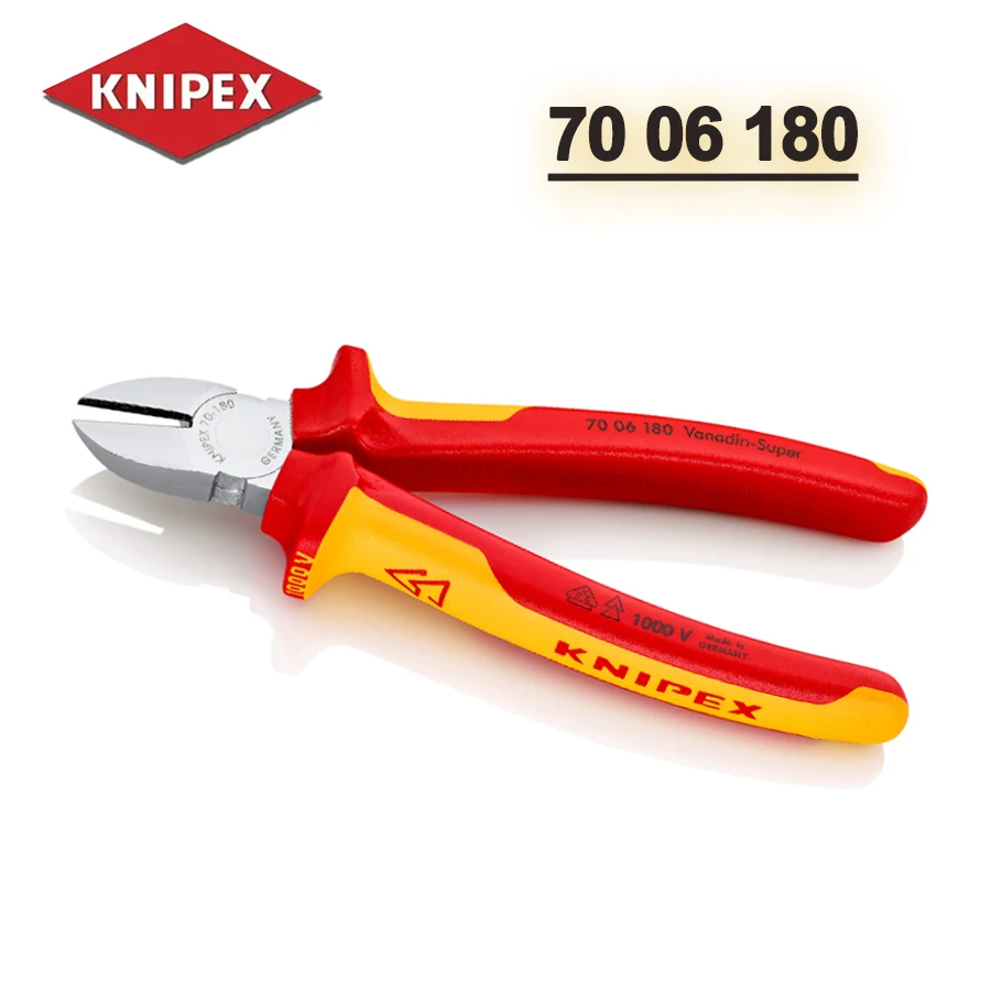 

KNIPEX 70 06 180 изолированные диагональные плоскогубцы 1000 В с точными режущими кромками для мягких и твердых проводов 180 мм