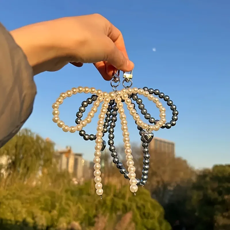 Yupsk الحلو مطرز مفتاح سلسلة اللؤلؤ القوس على شكل قلب قلادة كيرينغ حلية اللؤلؤ الديكور للحقائب الهواتف الهدايا بالجملة #2