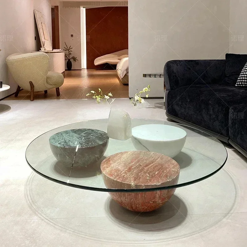 cqyNatural marble Nordic, personalized geometric designer glass round coffee table living room coffee table