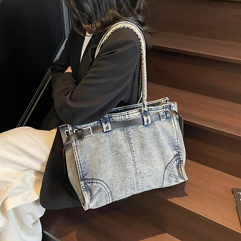 

2025 Vintage Washed Denim Tote Bag - Distressed Large Capacity Shoulder Purse, Stylish Work Commuter Bag for Women