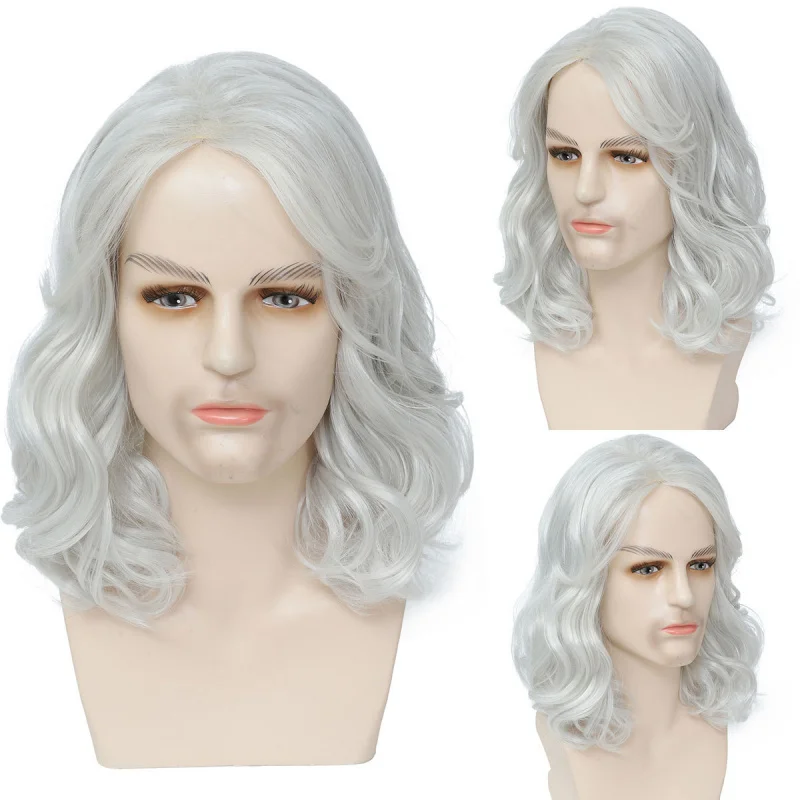 

Men's , medium-length wavy synthetic hairpiece, middle-parted silver wig