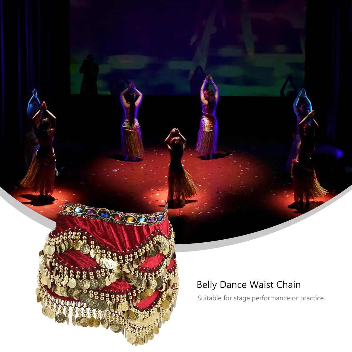 

1Pcs Waist Chain Belly Dance Hip Scarf Wrap Dark Red Lightweight Shiny Coins Decorated Women Skirt for Performance