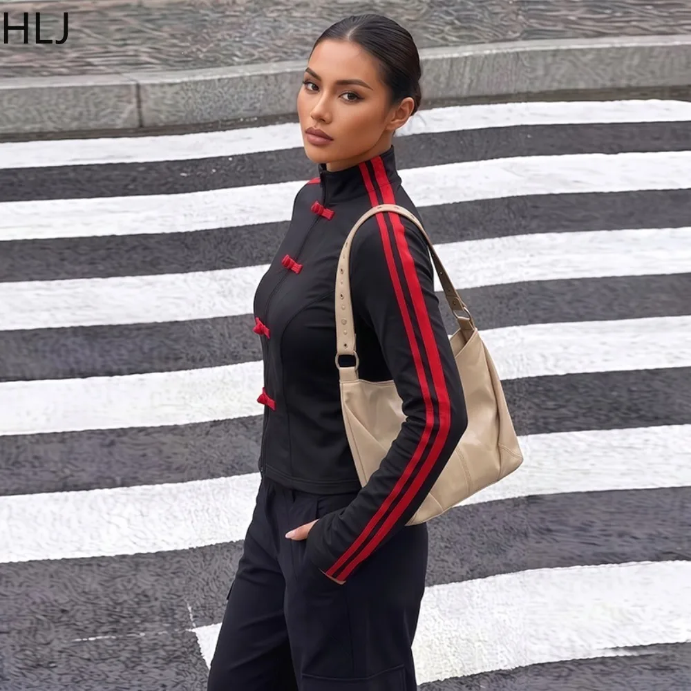 HLJ Women Stand Collar Zip Up Jacket Chinese Button Long Sleeve Slim Striped Side Outerwear Casual Streetwear Coat Autumn New