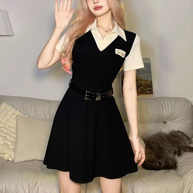 

Fake Two Pieces Patchwork Mini Dress Summer Polo-Neck Zipper Women's Clothing Fashion A-Line Sashes Korean Short Sleeve Dresses