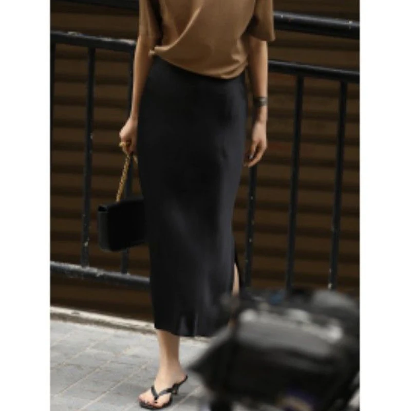 2024 Summer Women Elegant Fashion Satin Vintage High Waist Party Skirts Office Lady Luxury Solid Sexy Split Slim Midi Skirt Saia