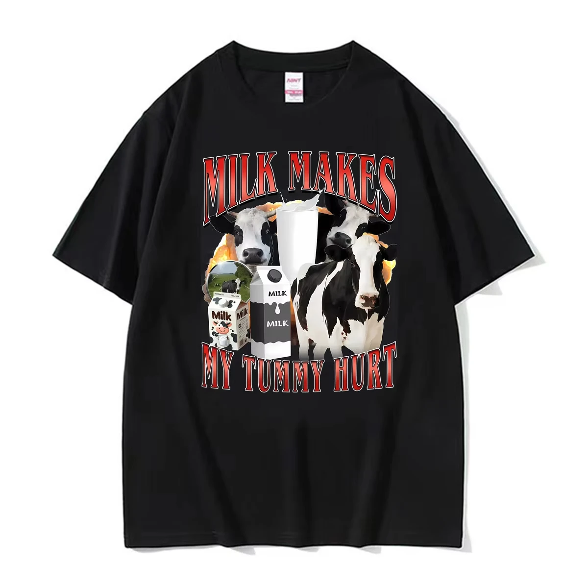 Milk Makes My Tummy Hurt Funny Cow Graphic T Shirts Men's Women Clothing Fashion Retro T-shirts Casual Summer T Shirt Streetwear