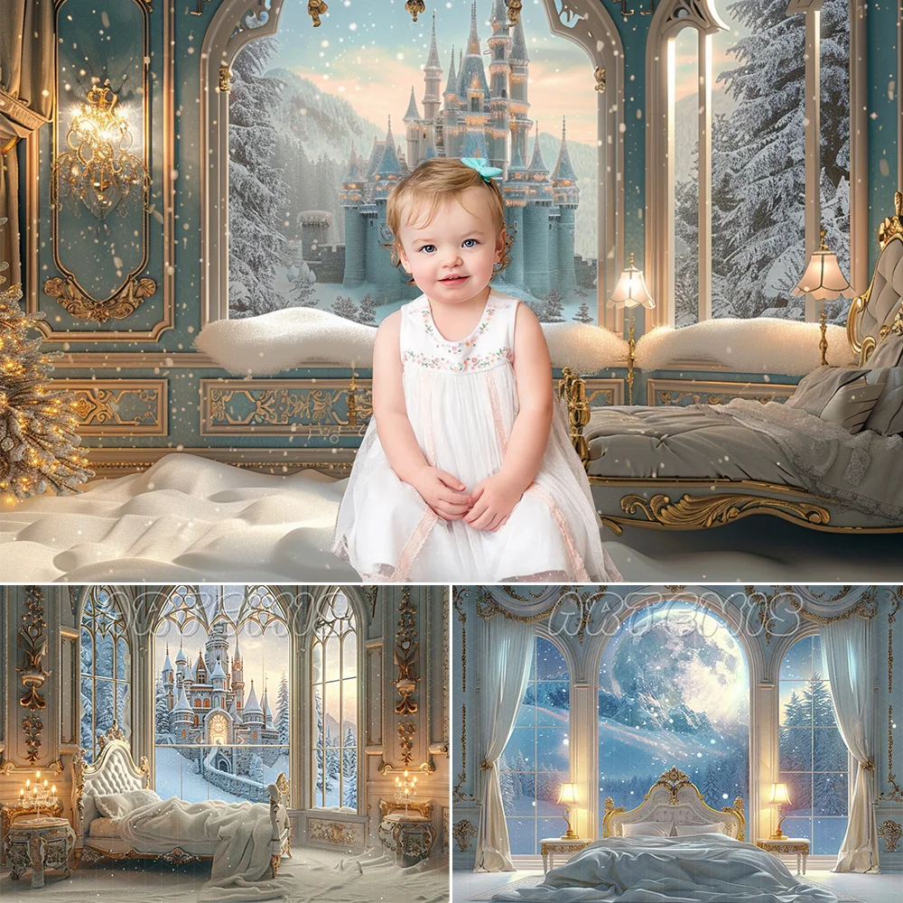 Christmas Backdrop White Bed Moonlight Drape Curtain Night Lamp Snow-covered Castle Chandelier Background Photo Studio Photocall